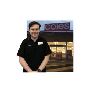 Ben standing in front of Coles story about how he manages his disability