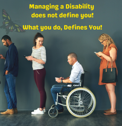 Managing A Disability Blog Post photo for TURSA Employment. Guy in wheelchair on mobile and girl trying to read what he's typing - power of diversity