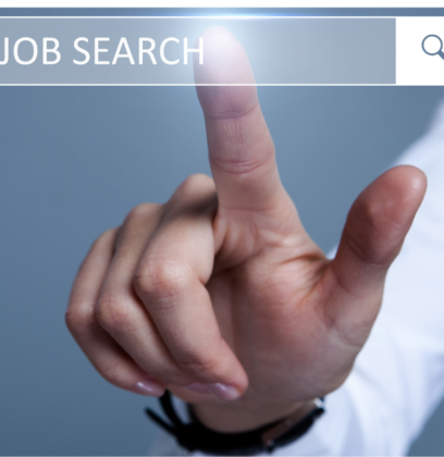 Finger pointing at a job search computer bar with a search icon