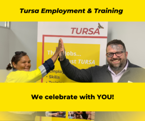 We Celebrate With You! Calene shines with success image of her hi fiving with Clint from the TURSA office.