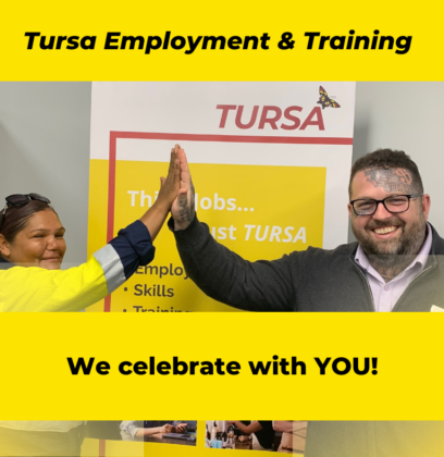 We Celebrate With You! Calene shines with success image of her hi fiving with Clint from the TURSA office.