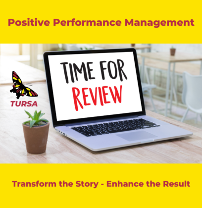 an image of a laptop with the text saying time for a review. at the top of the image is says Positive Performance management and at the bottom it says transform the story to enhance the result