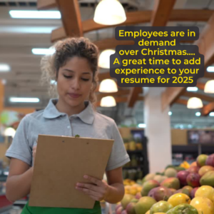 A picture of a person in a fruit and vegetable store taking stock and working with the focus being on getting experience over Christmas to add to your resume