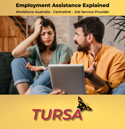 TURSA Employment Assistance image of two people with one explaining to another who is looking confused while they sit on a couch.