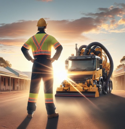 A Hopeful And Inspiring Image Of A Man In High Vis Workwear Standing Proudly Next To A Large Yellow Truck