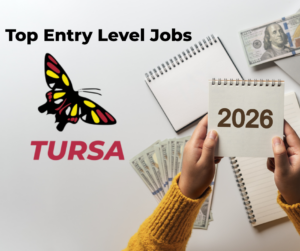 Top Entry Level Jobs for 2026 is written on the image and it shows a person holding a notepad with 2026 printed on it and has the TURSA logo to the left with the butterfly above