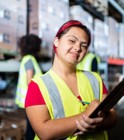 Portrait Of A Disabled Young Woman Holding A Clipboard In A Warehouse