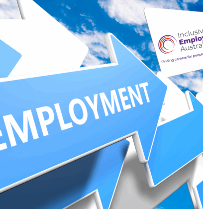 arrows with a blue background that say employment with one arrow showing the logo for Inclusive Employment Australia