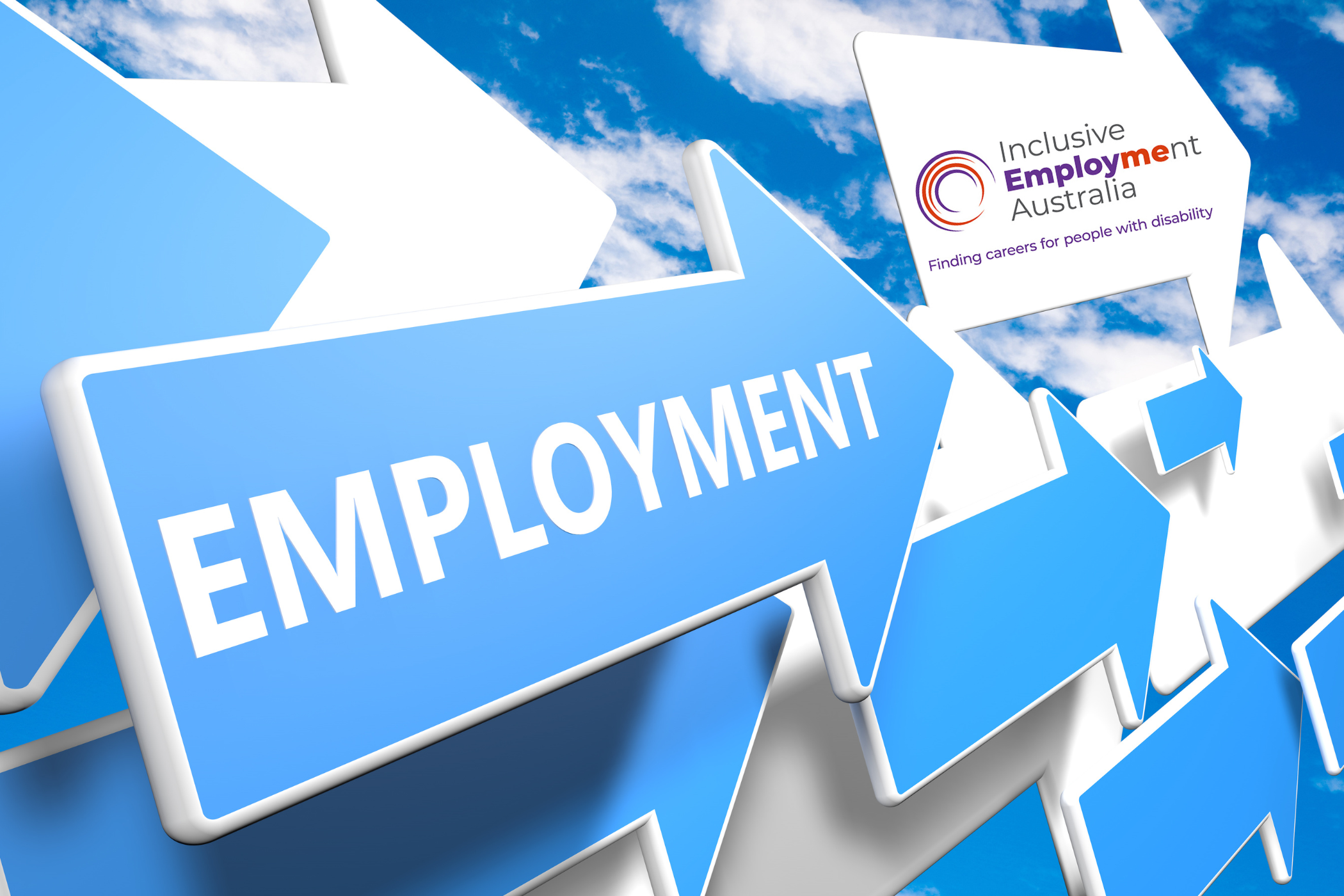 arrows with a blue background that say employment with one arrow showing the logo for Inclusive Employment Australia
